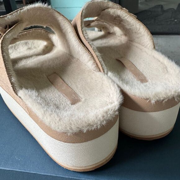Reef Ojai Ciara 2-Bar Shearling Lined Tan Suede Platform Slides Women’s Size 9 - Picture 6 of 8
